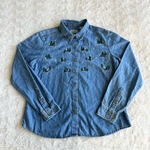 Vintage Denim Shirt Womens Large Blue Christmas Holiday Tree Snowflake Vtg 90s